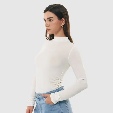 C202 Women’s Merino Wool Blend Mock Neck Long Sleeve Top, Lightweight Soft Slim Fit Ruched Shirt, Second-Skin Feel Fall Essential for Everyday Wear and Layering