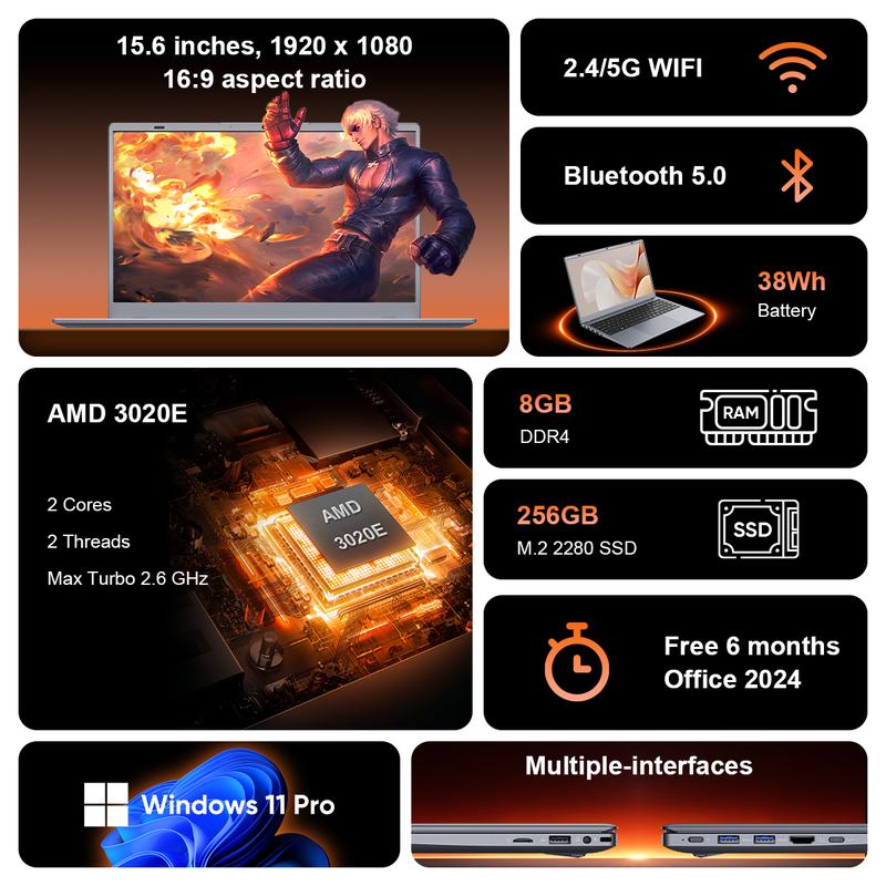 15.6" FHD Laptop 1920x1080 AMD 3020e Up to 2.6GHz 2 Cores 2 Threads, 8GB DDR4 RAM 256GB SSD Wifi5 Bluetooth5.0 for Work, Study, Remote Learning & Everyday Entertainment