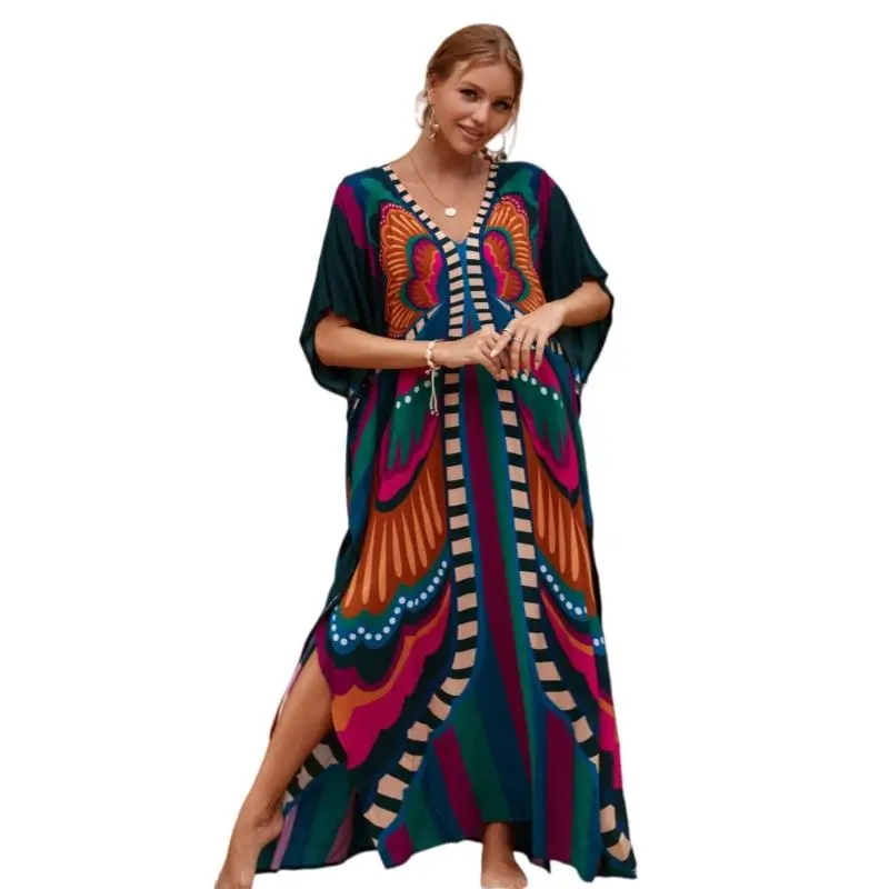 Bohemian Caftan Dress for Women, Plus Size Viscose Maxi with Butterfly Print, Casual Beachwear Cover Up, Batwing Sleeves, Beachwear Dress, Bohemian Style Dresses