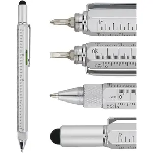 Gifts Multi Tech Tool Pen 6 in 1 Stylus Pen - Screwdriver Pen with Ruler, Levelgauge, Ballpoint Pen Black ink (Silver)
