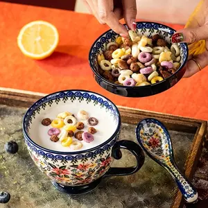 3pcs Polish Style Ceramic Mug Set with Lid & Spoon, Retro Holiday Cup with Snack Tray Lid, Perfect for Christmas Coffee, Office Use & New Year Gift Set, Ceramic Mug Kit