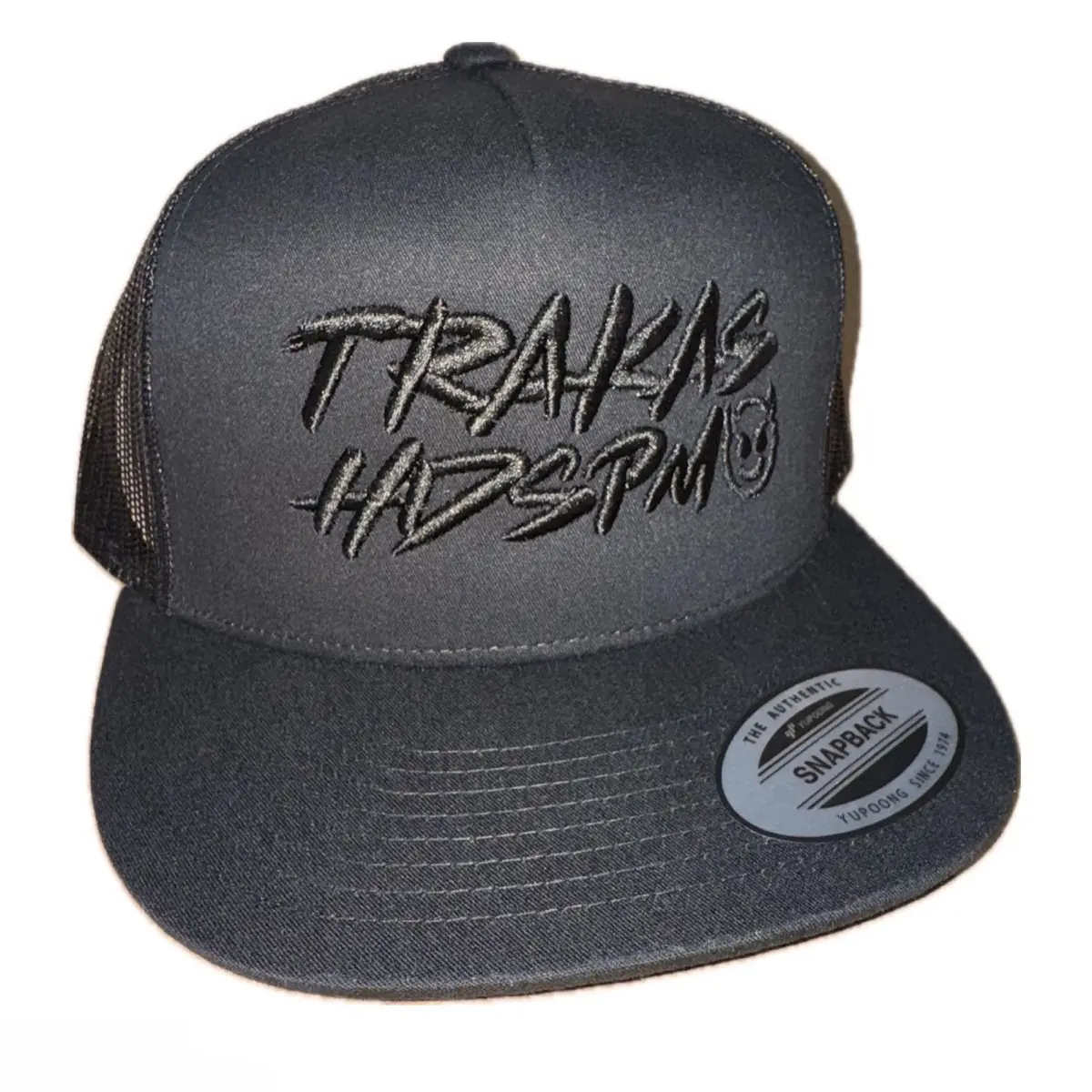 Black Trucker Snapback Hat with TRAKAS HDSPM Graphic, Unisex High-Profile Adjustable Fit, Lightweight Polyester-Cotton Blend