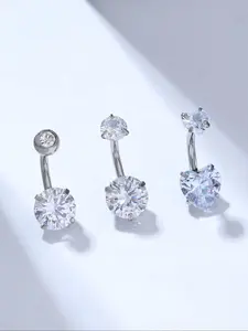 3 Piece Stainless Steel Zircon Heart Belly Button Rings Set, Stylish Simple Design for Women, Outdoor Swimming Accessories, Sparkling Zircon Inlay, Belly Button Jewelry