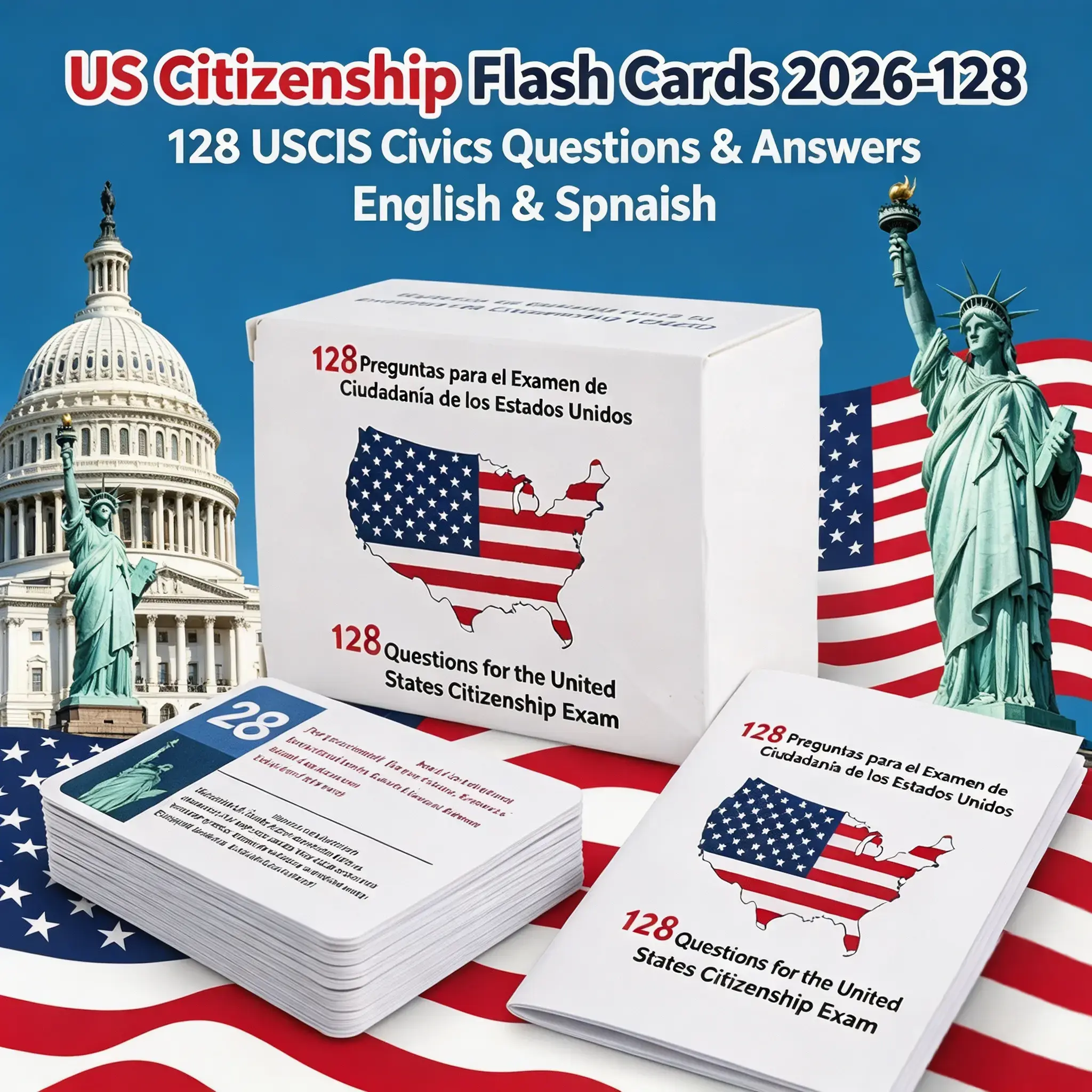 2026 US Citizenship Bilingual Flash Cards & Booklet Combo Set - 128 Civics Test Cards, 128 Questions, Spanish-English Bilingual Layout, Dual-Learning System, Durable Storage, Naturalization Study Guide