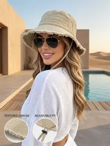 Multicolor Women's Drawstring Bucket Hat—featuring an adjustable chin strap, sun protection, a distressed washed finish, and a wind-resistant wide brim, this is the perfect outdoor hat. Soft and lightweight in texture, it is foldable and highly portable.