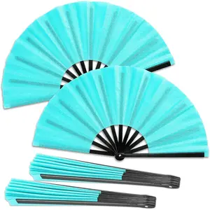 2 count Glitter Green Hand Fan Large Folding Hand Fan Rave Clack Handheld Fans Chinese Tai Chi Kung Fu Fans for EDM Club Party Dance Performance Role Playing Concerts Supplies for Men Women