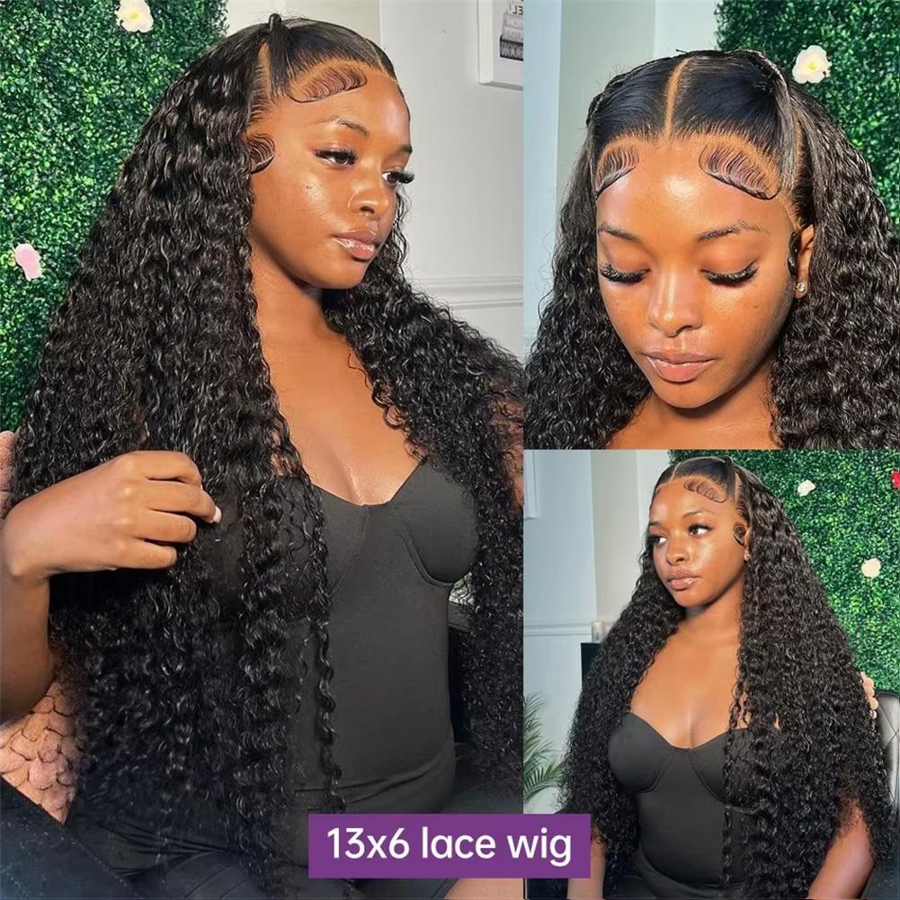40 38Inch Deep Wave Glueless Lace Front Wigs Human Hair 180 Density 13x4 HD Transparent Lace Frontal Wigs Human Hair Pre Plucked Deep Curly Glueless Wigs Human Hair for Women Natural Black