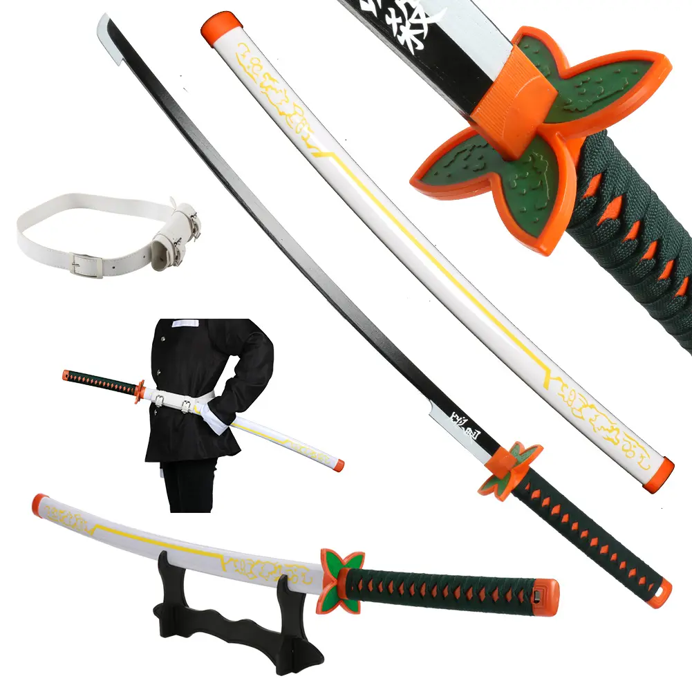 Anime Bamboo Wooden Demon Slayer Sword Cosplay Kochou Shinobu 41 Inches with Belt & Holder Stand Display Safe Dull Blade for Halloween Cosplay Role Playing Collection