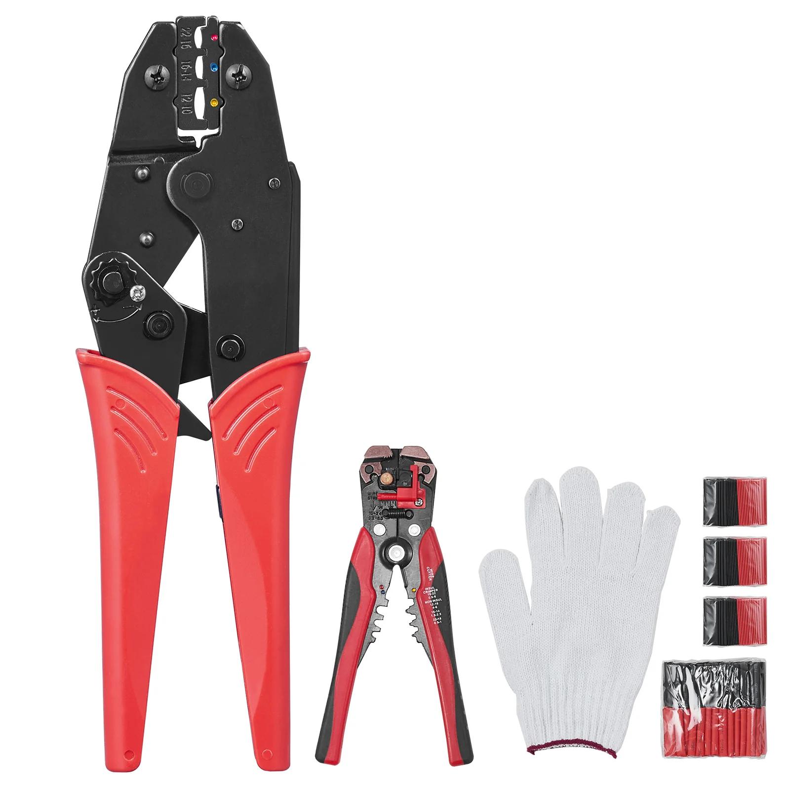 Electrical Ratcheting Crimping Tool Set AWG22-10 Wire Stripper 210pcs Heat Shrink Tubes Labor-Saving Crimping Pliers for Insulated Connectors