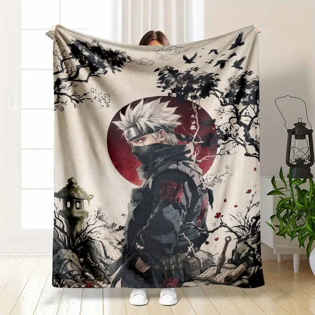 Kakashi Hatake - Fur fabric blanket from the "Naruto" series. Japanese samurai ink wash art print featuring sun and cherry blossom elements. Soft, warm, comfortable, lightweight. Suitable for sofas, bedrooms, offices, as gifts or decorations.