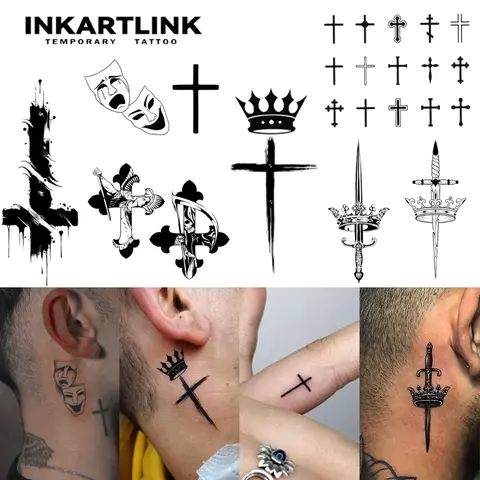 INKARTLINK Cross Series 2 Cross Shape Temporary Tattoo - Blessed Wing Design, Gardenia Blue Ink, Realistic Look, Waterproof Ephemeral Sticker Tattoos for Adults, Multiple Styles, Lasts for Events, Suitable for All Skins