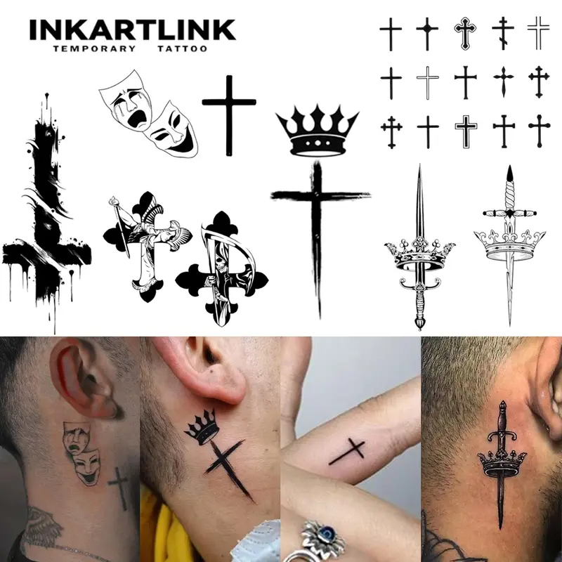 INKARTLINK Cross Series 2 Cross Shape Temporary Tattoo - Blessed Wing Design, Gardenia Blue Ink, Realistic Look, Waterproof Ephemeral Sticker Tattoos for Adults, Multiple Styles, Lasts for Events, Suitable for All Skins