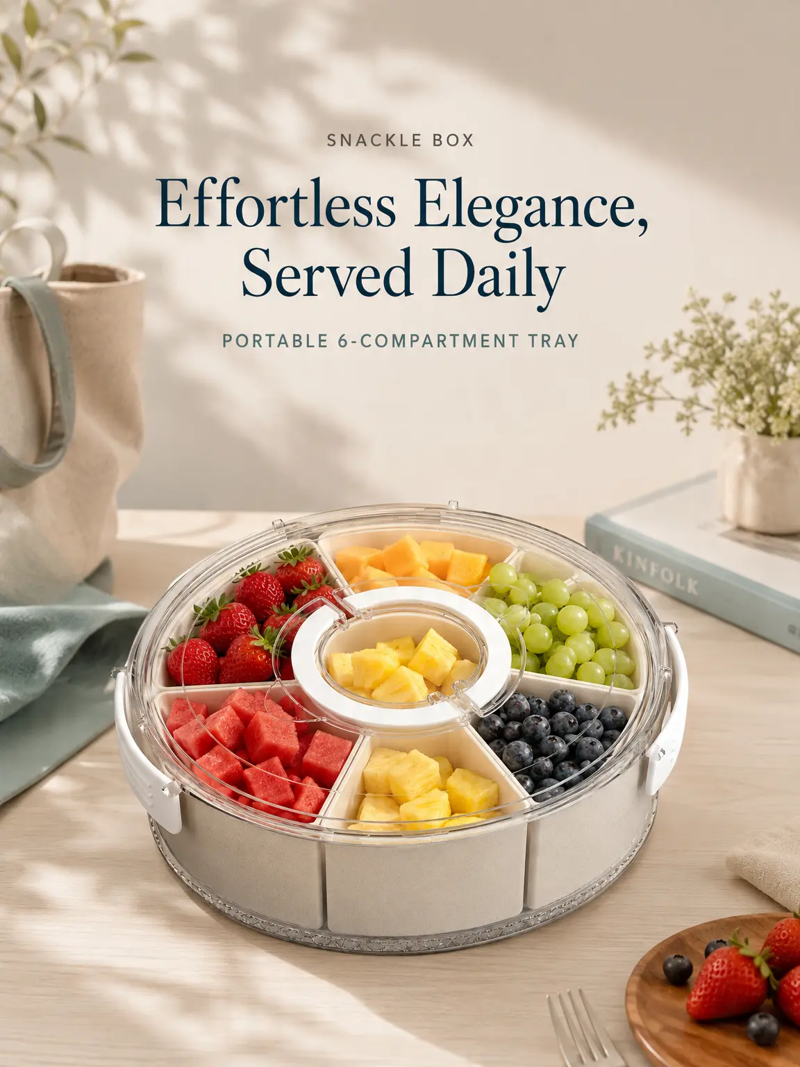 【Summer Deals】Kitchen Portable Sturdy 6-Compartment BPA-Free Snack Tray with Airtight Lid, Handle, Leak-Proof Smooth Durable Food-Safe Plastic Charcuterie Board Container (12in Diameter, 3in Height, 4.4in Wide) for Game Day Food Storage