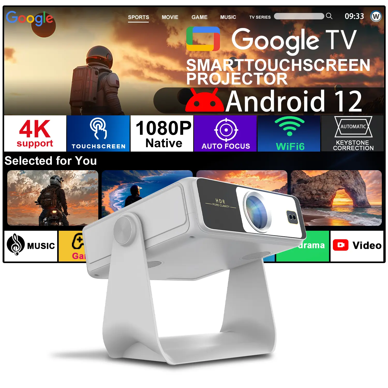 Smart Projector with 7" Touch Screen, 1080P HD, WiFi 6 Bluetooth 5.2, Auto Focus Keystone, Phone Mirroring Supported, 180° Rotation, Android 4K, Indoor Outdoor Living Room