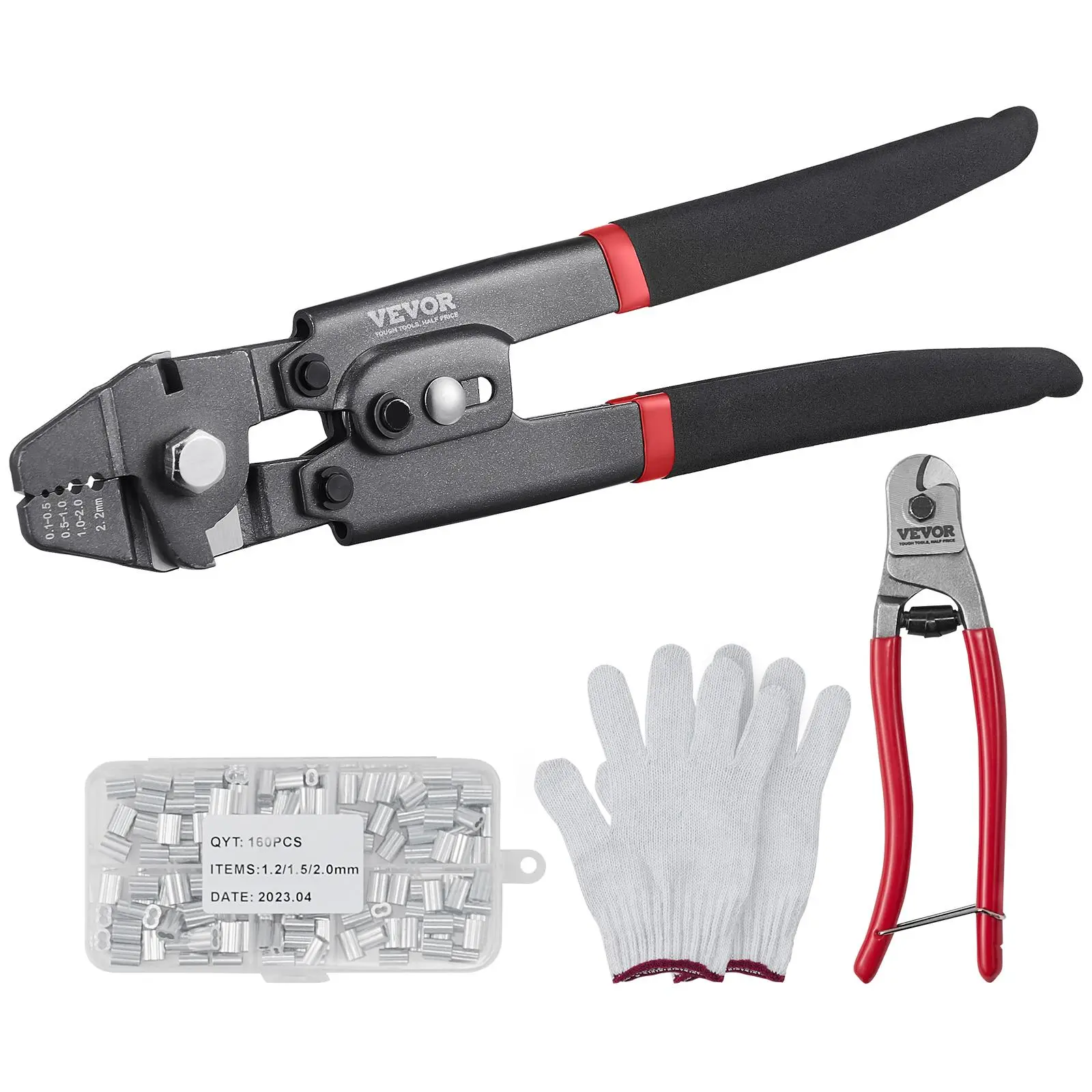 【summerfinds】VEVOR Wire Rope Crimping Tool and Cutter Up To 2.2mm Wire Cable Crimps, 1/64" - 3/32" Crimping Loop Sleeve Kit and 160pcs Aluminum Buckles, Fishing Crimping Tool Wire Rope Thimbles Kit