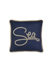 212 MAIN Embroidered Sea Lettering Square Throw Pillow, Navy Blue & Brown, Zippered Polyester-Burlap Blend, Indoor Use, 4x17x17 in, Soft Cushion, Bedroom Decorative Accessory, Square Cushion, Soft Cushions