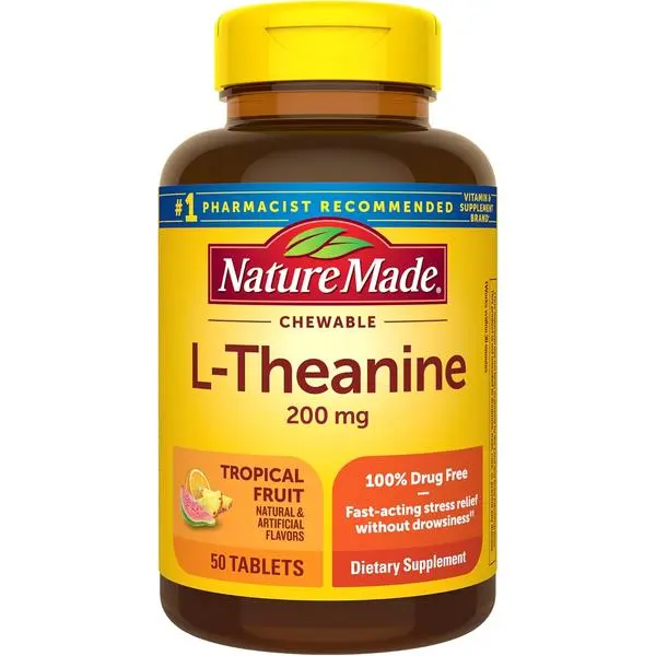 Nature Made Chewable L Theanine 200mg, 50 Chewable Tablets | L-Theanine Supplement for Stress Relief, 100% Drug Free, Suitable for Vegetarians, Tropical Fruit Flavor, 50 Day Supply