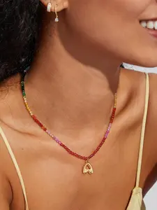 Colorful Beaded Necklace, Colorblock Beaded Necklace, Personalized Initial Necklace, Fashionable Letter Charm Pendant Necklace for Women & Girls, Trendy All-match & Exquisite Jewelry for Birthday Gift