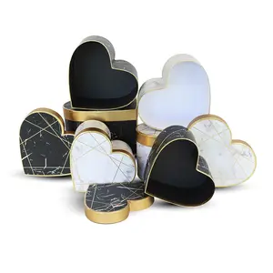 Set of 3, Heart Shaped Flower/Gift Boxes, White/Black Marble