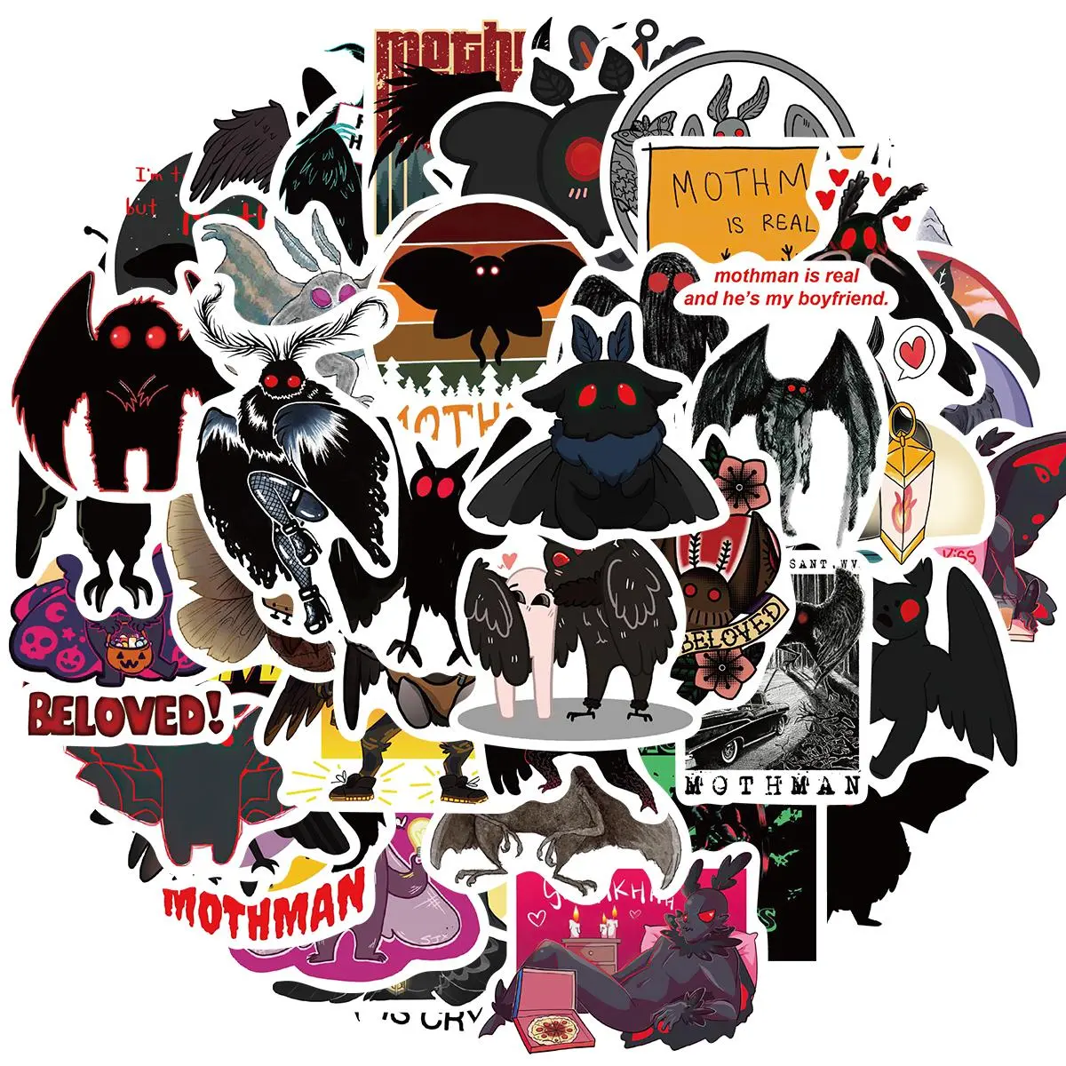 Cartoon Mothman Sticker, 50pcs/set Waterproof Self Adhesive Decor Paper, Decor Sticker for Gift Greeting Card Water Bottle Laptop Phone, Ornaments