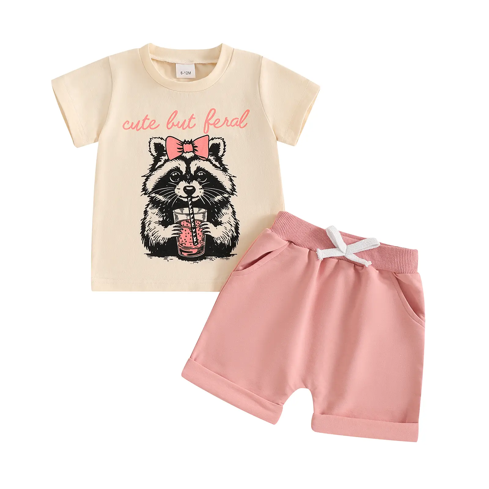 Toddler Girls Summer Outfit Raccoon Letter Print Short Sleeves T-Shirt and Elastic Shorts Set Cute 2 Piece Clothes