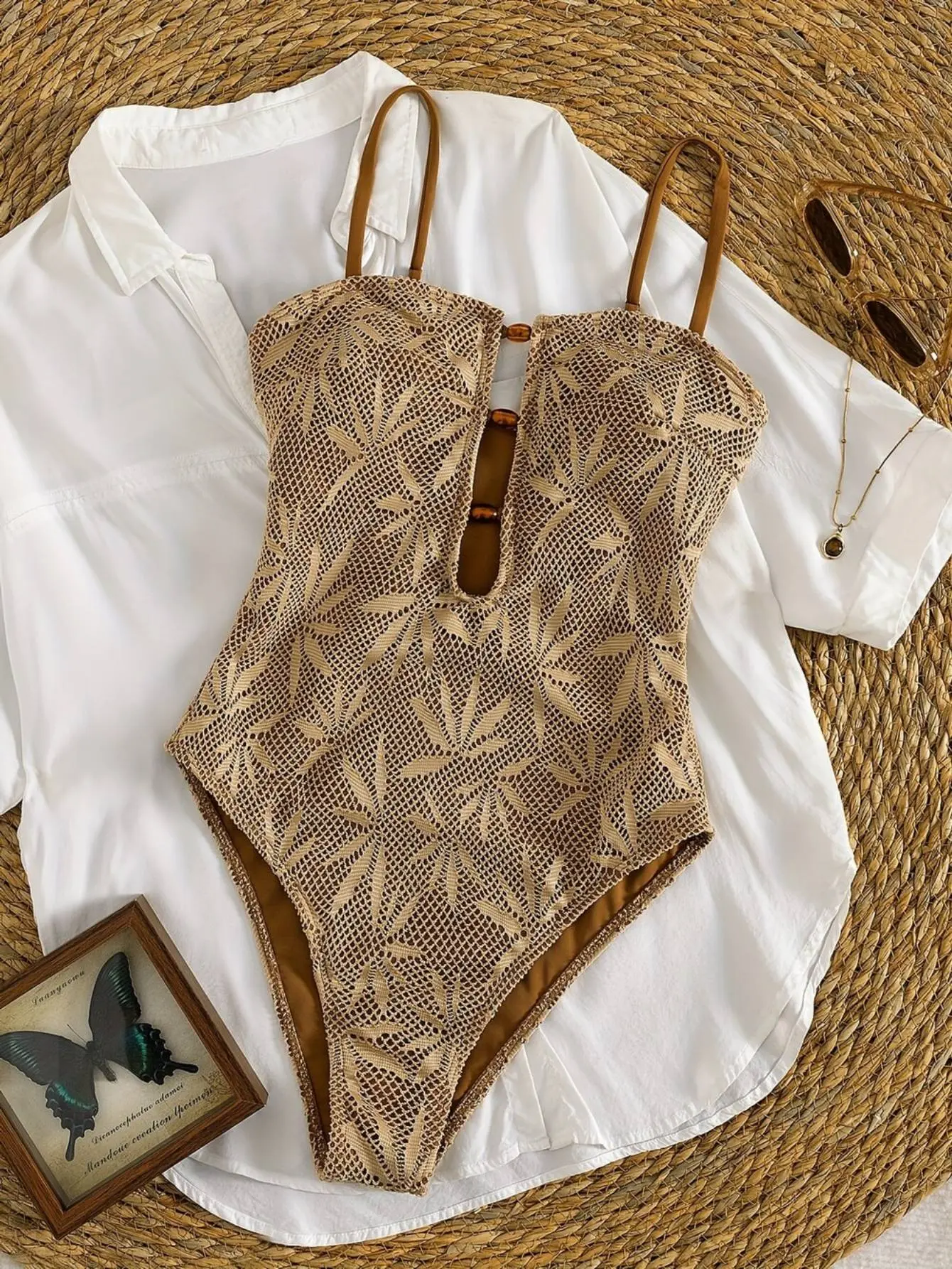 Women'S Brown Leaf Crochet Mesh One-Piece Swimsuit, Adjustable Thin Spaghetti Straps with Front Bead Decor, High-Cut Vintage Beach Bodysuit