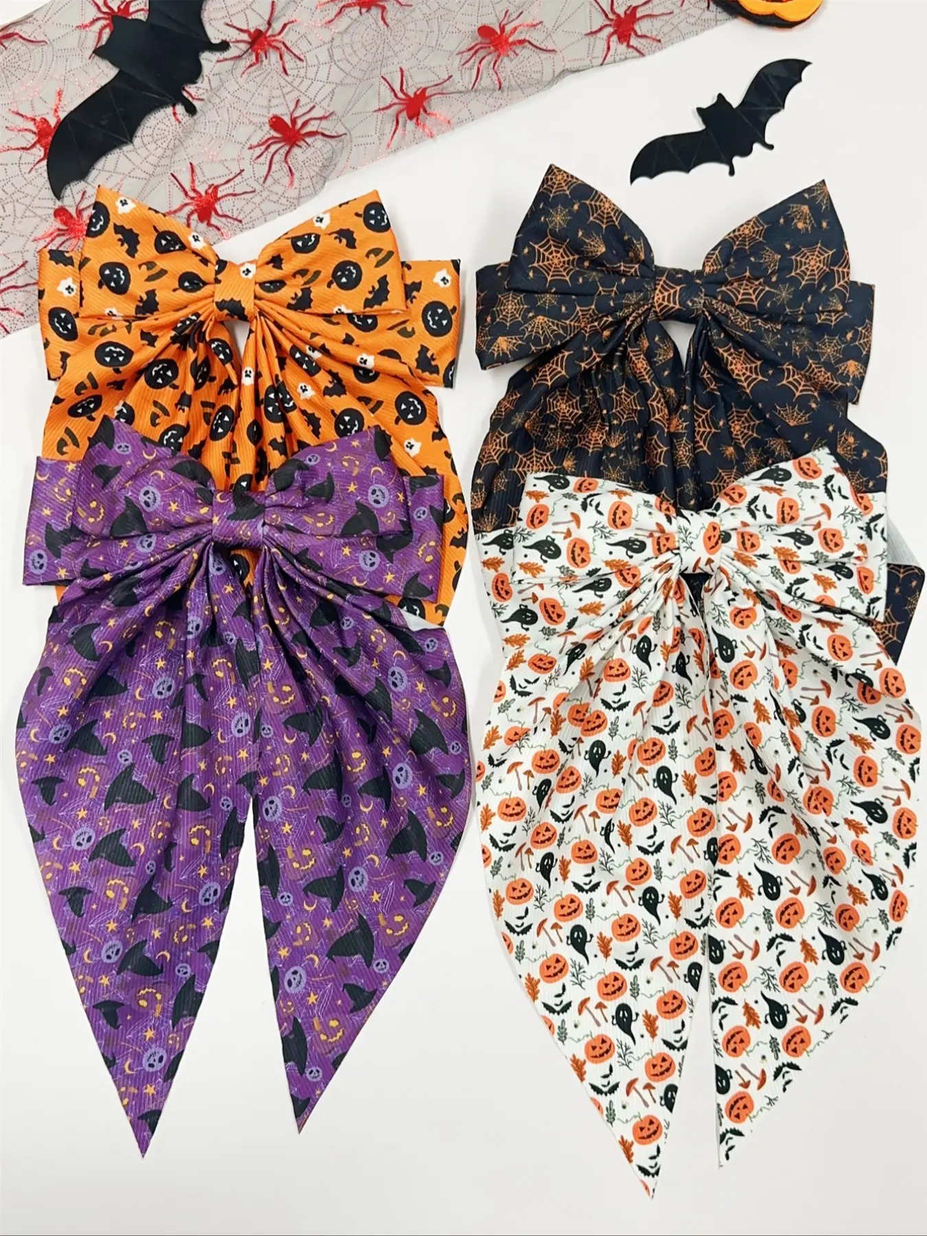 Halloween Fabric Hair Clips Set, Pumpkin Skull Spider Web Ghost Bow Spring Clips, Boho Party Accessories for Women & Girls, Hair Bows