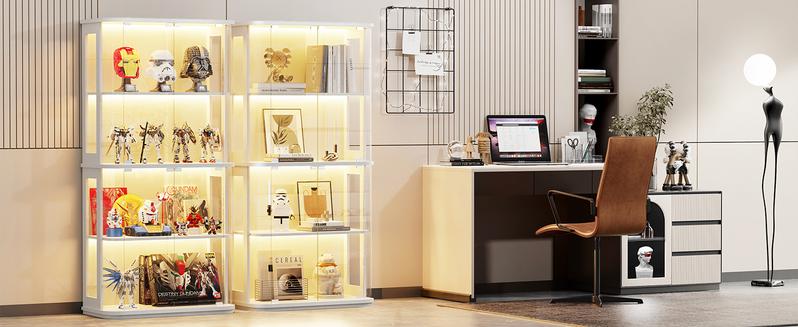 BROTTAR 65" Rounded Display Cabinet with Glass Door, 4-Tier Curio Cabinet with Transparent Full-Display Surface, Glass Display Case with 3 Color Lights for Collectibles, Human Body Sensor, White