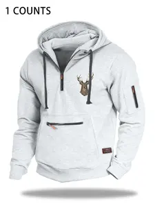 Autumn Winter Design Zipper Thick Hoodie, Deer Head Pattern High-End Side Label, Comfortable Soft Sportswear, Outdoor Adventure Essential