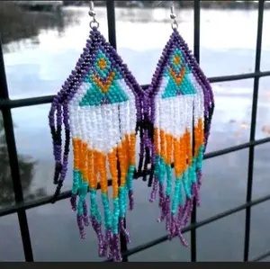 Handmade Seed Bead Earrings Purple, Yellow, Turquoise & White with Colorful Beads and Decorative Design