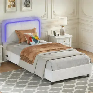 summerwins Twin Size Upholstered Boucle Teddy Fabric Bed Frame - Illuminated, LED-Accented, with Charging Station, Adjustable Headboard, No Box Spring Needed, Beige, Easy Assembly Modern Bedroom Furniture, Illuminated Bed Frames, Led-Accented Bed Frames,s