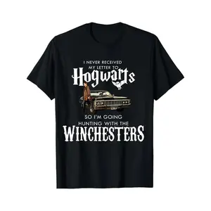 [Christmas Gift] Black T-Shirt with Hogwarts & Winchesters Hunting Graphic, Casual Tee for Fans of Harry Potter & Supernatural, Adult & Youth Holiday Shirt, Unisex Fan Outfit, Geek Holiday Top, Festive Party Graphic Tee