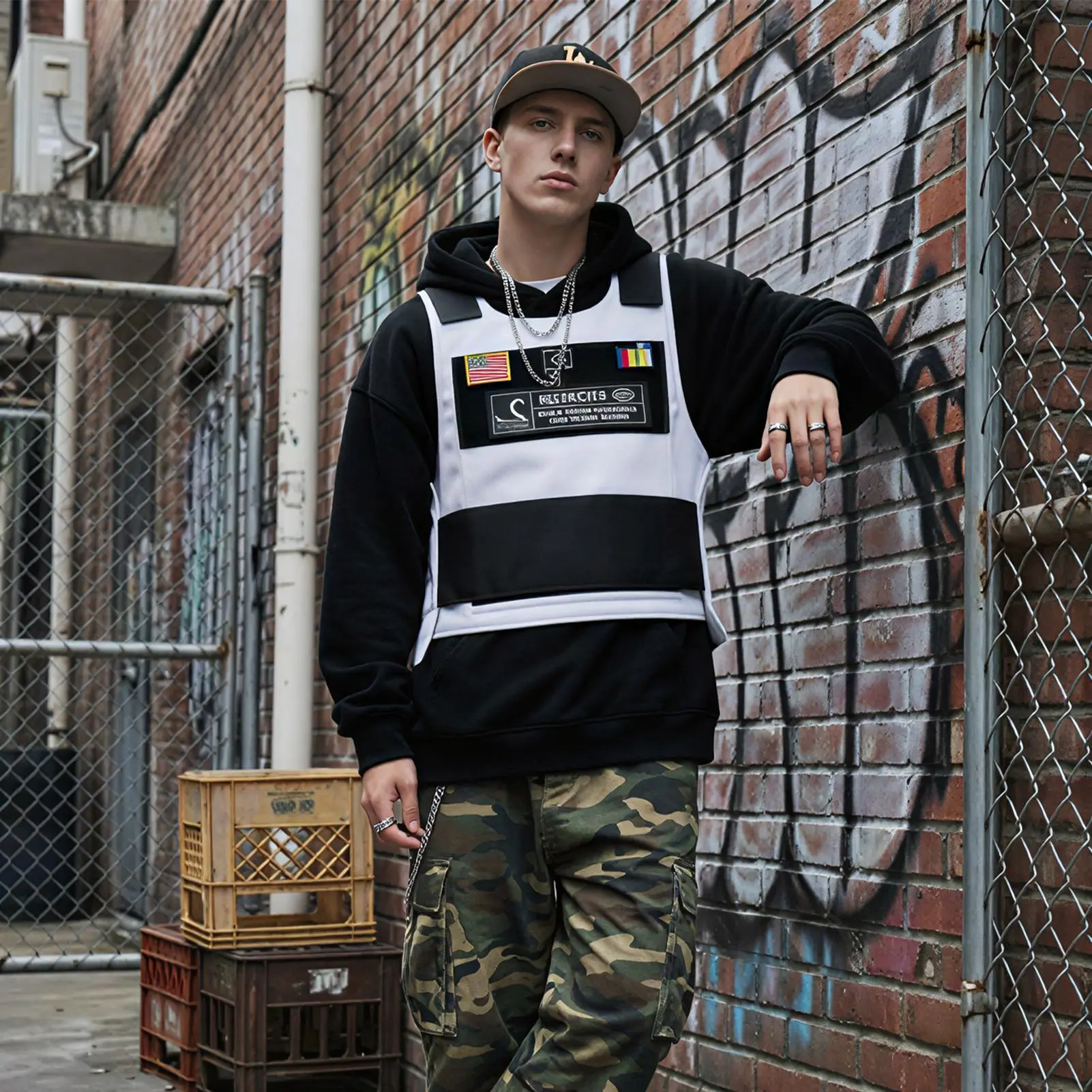 Men’s Tactical Vest Streetwear–Utility Gilet with Removable Patches–Adjustable Hip Hop Cargo Waistcoat for Cosplay