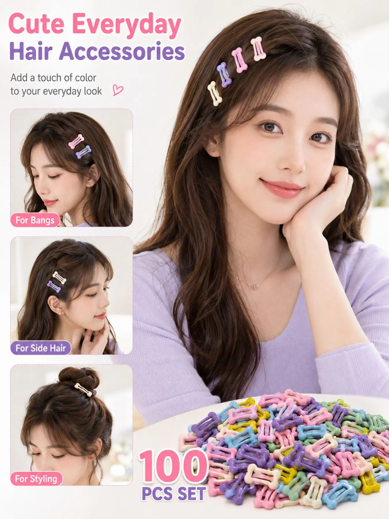 100 Pcs Pastel Snap Hair Clips, Cute Bone Shape Mini Barrettes Set, Glossy Non-Slip Hair Pins for Bangs, Side Hair, Girls, Women Daily Wear