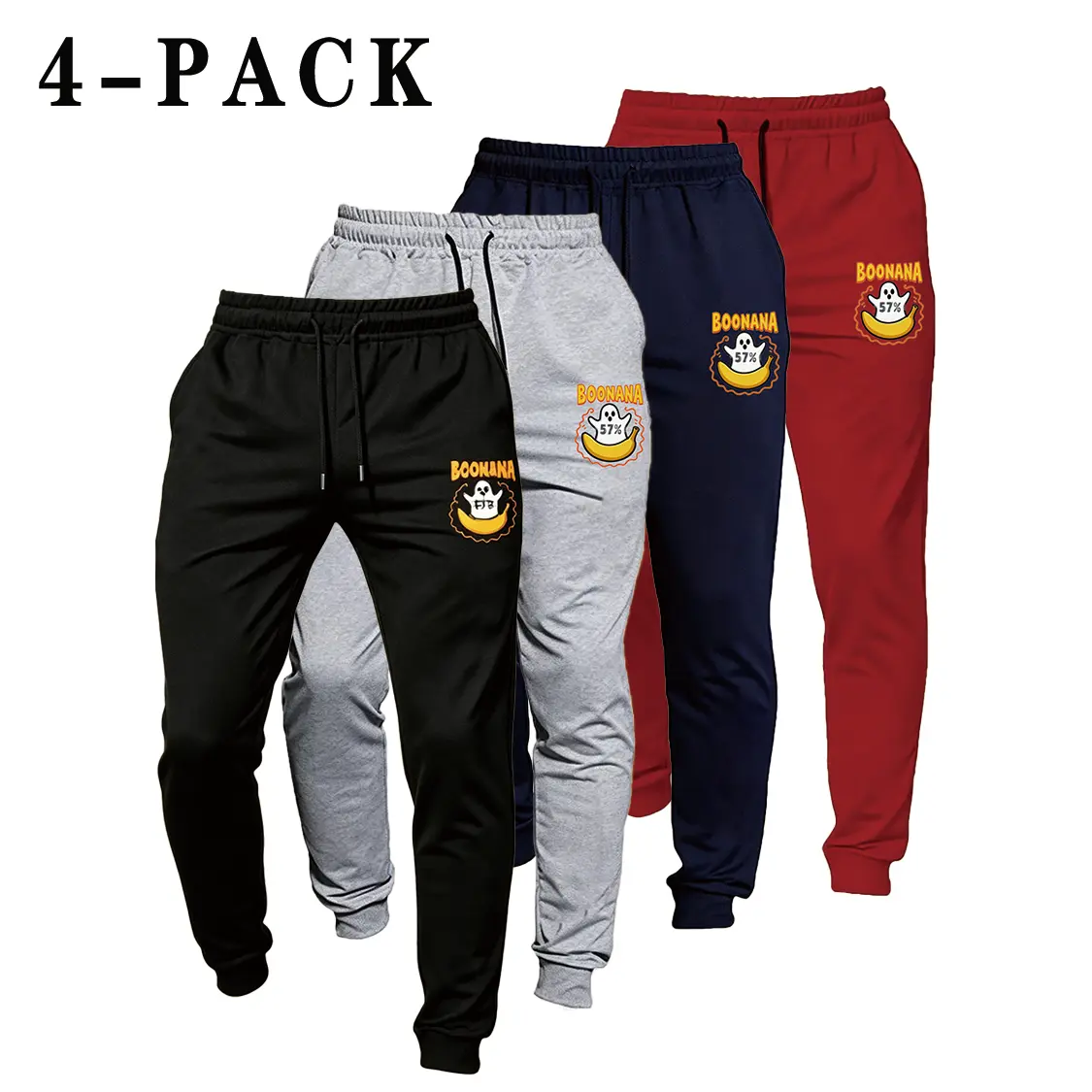 Men's 4-Pack Sporty Chic Slim-Fitting Casual Athletic Performance Active Jogging Sweatpants, Tapered Legs, Soft Stretch Fabric, Drawstring Elastic Waistband, Boonana Banana Ghost Print, Ideal for Basketball, Fitness Training