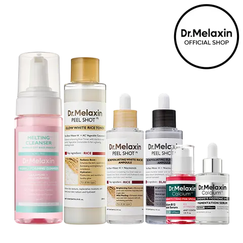 [Dr.Melaxin Official] Glow Up Cleanse, Peel & Brighten Set, 6-Piece | Melting Cleanser, White Rice Toner, Peel Shot Rice Ampoule Duo, Spicule & Niacinamide Serum | Pore, Texture & Dark Spot Care | Korean Skincare