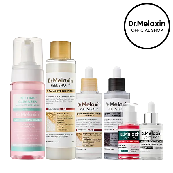[Dr.Melaxin Official] Glow Up Cleanse, Peel & Brighten Set, 6-Piece | Melting Cleanser, White Rice Toner, Peel Shot Rice Ampoule Duo, Spicule & Niacinamide Serum | Pore, Texture & Dark Spot Care | Korean Skincare