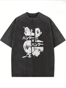 valentine shirts Men's Retro Washed T-Shirt - 230g 100% Cotton Black, Hunter x Hunter Anime Character Graphic, Breathable Sweat-Absorbing All-Season Holiday Gift