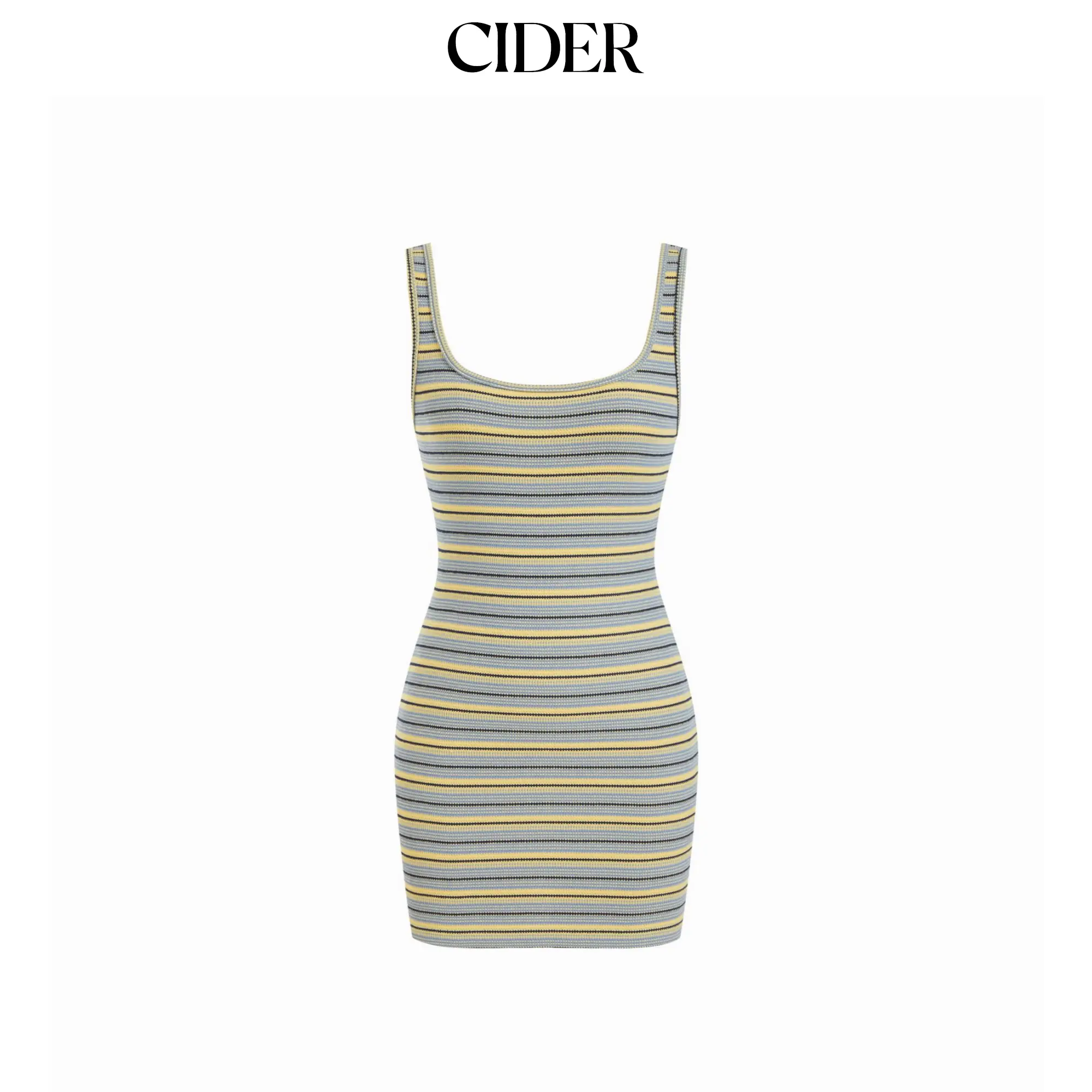 Cider Women's Textured Striped Bodycon Mini Dress in Knitted Fabric, Square Neck Spaghetti Strap with Elastane, Basic, Fashion, Going Out, Cute Casual Dresses, High Stretch, Women's Clothes, Outfit Of The Night, Sleeveless, Bodycon Dress