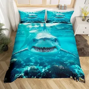 Shark Comforter Cover Blue Shark Duvet Cover for Boys,Girls Sea Animals Bedding Set,Hunting Theme Quilt Cover Microfiber Bedroom Decor,Hawaiian Beach Bed Set