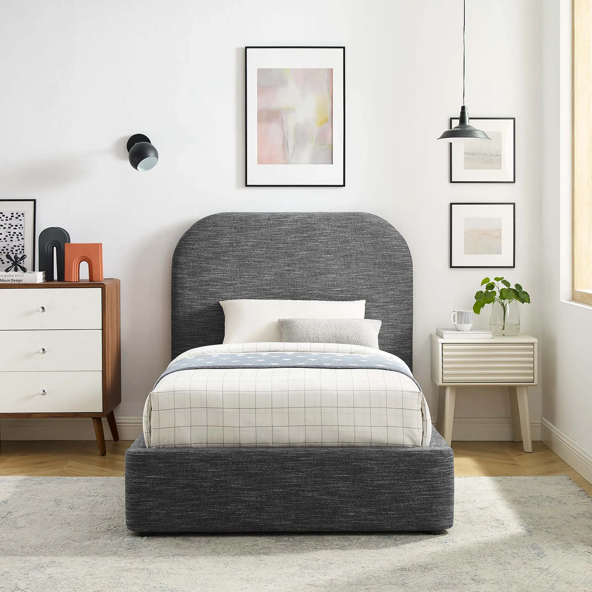 Modway Keynote Upholstered Fabric Curved Twin Platform Bed in Heathered Weave Slate