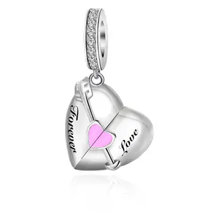 Forever Love Cupid's Arrow Heart Dangle Charm 925 Sterling Silver Openable Pink Heart Charms Fit for Bracelets Necklace Jewelry Gift for Women