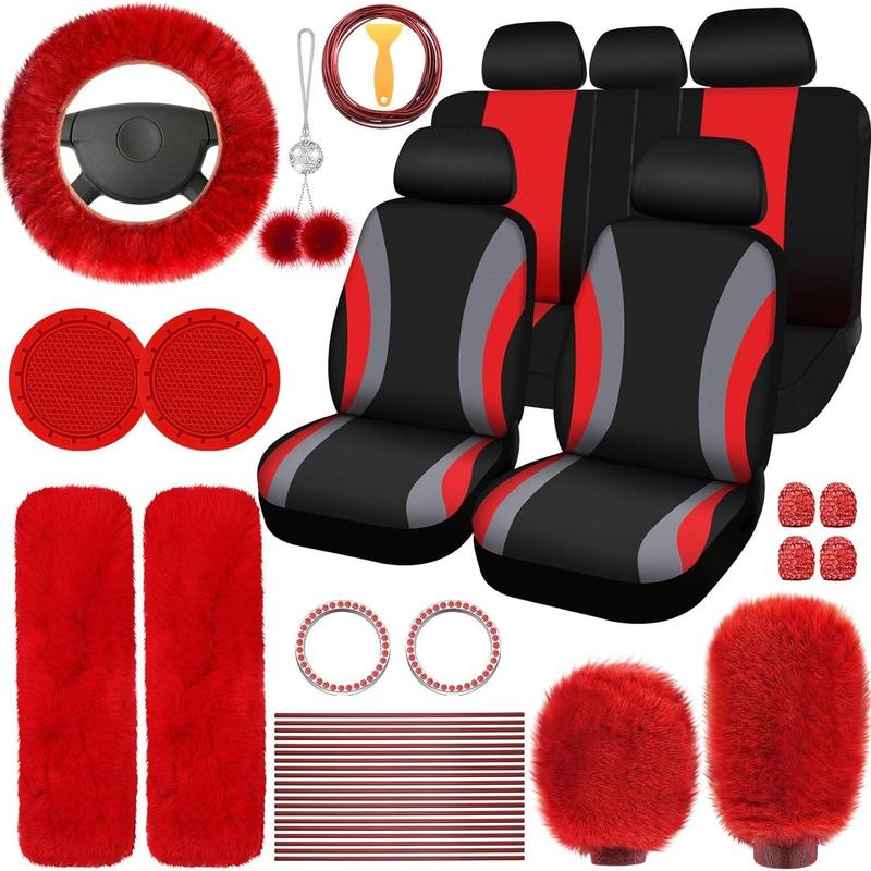 Car Interior Decorative Accessories, Car Seat Decorative Accessories, Universal Plush Steering Wheel Protective Cover Kit, Fashionable Car Interior Seat Set for Women & Men, Cute Car Accessories