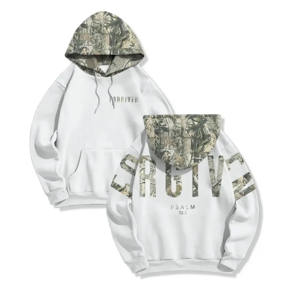 Forgiven Psalm 32:1 Dead Leaves Camouflage Hoodie, Faith Graphic Pullover Sweatshirt, Christian Streetwear Hoodie for Men & Women