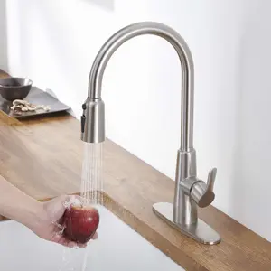 Kitchen Sink Faucet with Pull Out Sprayer Brushed Nickel Stainless Steel, High Arc Single Handle Kitchen Faucet with 3 Way Water Settings, Deck Mount Modern Kitchen Sink Faucet with Deck Plate for Farmhouse RV Utility Sink