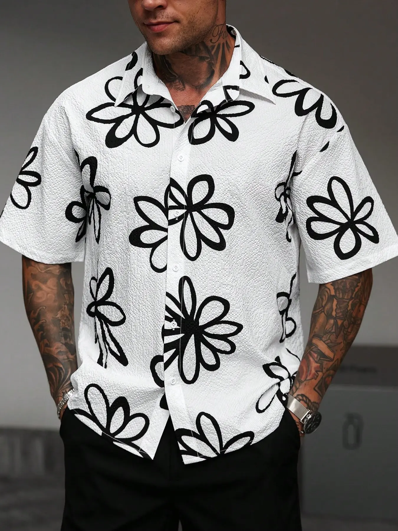 Men's Casual Vacation, Vacation Piece, Pleated Bubble Cloth Short Sleeve Tropical Shirt, Casual Loose Fitting Top, Floral Print, Button Closure, Beach Holiday