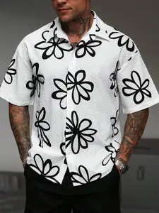 Men's Casual Vacation, Vacation Item, Pleated Bubble Cloth Tropical Button Up Short Sleeve Shirt, Simple Floral Print, Loose Fit, Button Closure