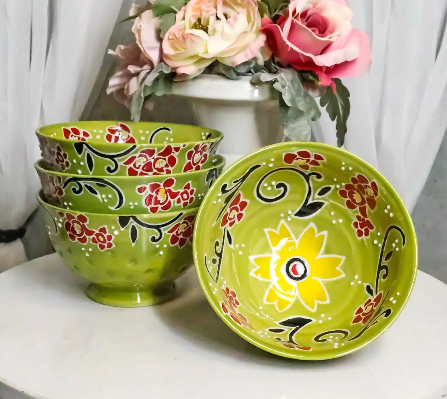 Luxury Ottoman-Style Textured Ceramic Dining Bowls Set of 4, Sunflower Green Tapestry Aesthetic Tableware, Microwave Safe Textured Bowl