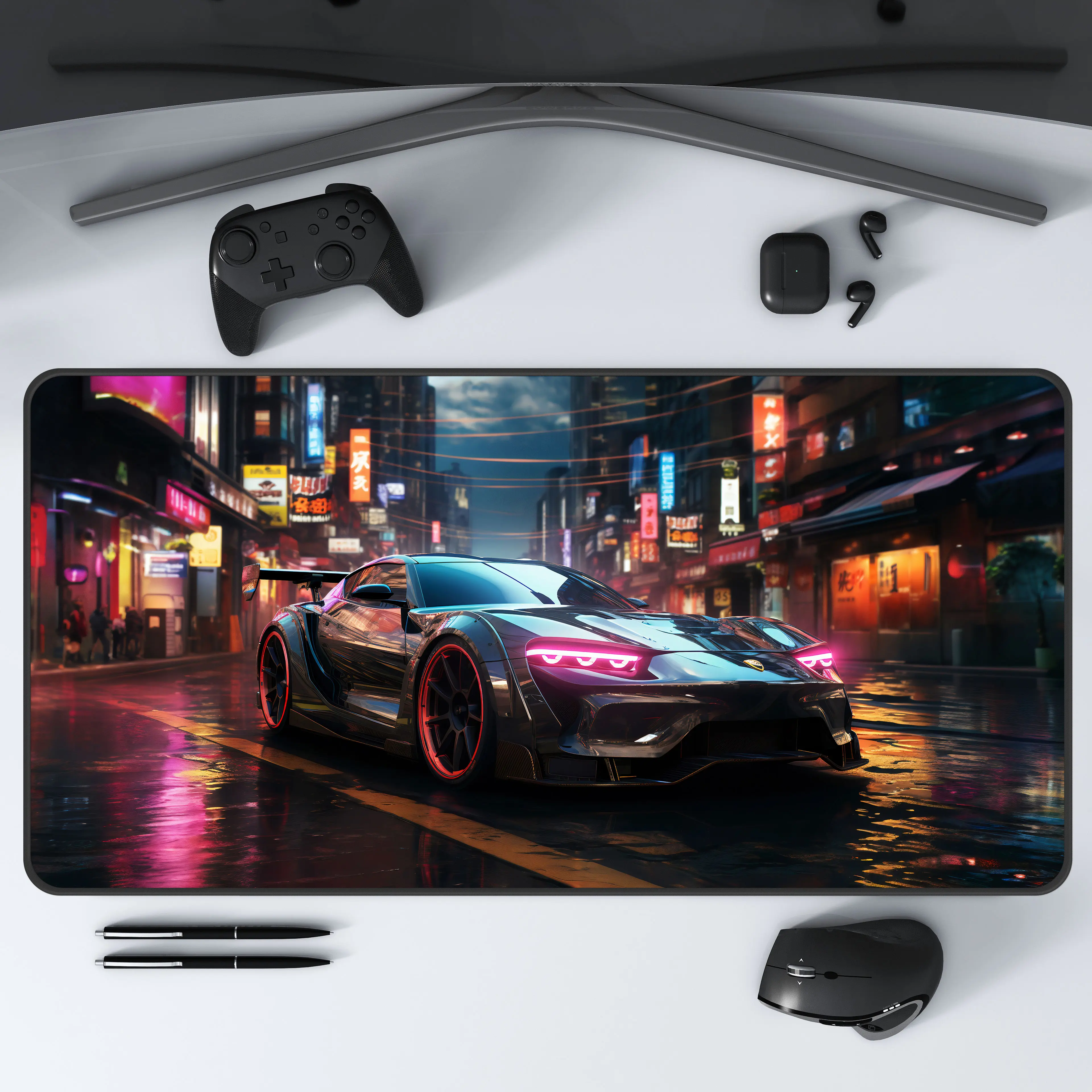 Neon Turbocharge Desk Mat, Large Gaming Desk Mat with Neon Sports Car, Urban Night Scene, Cool Office Decor
