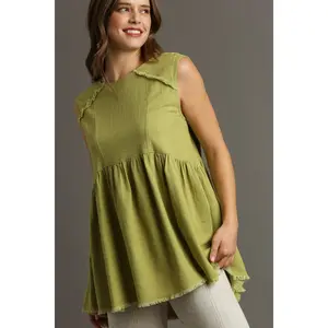 Umgee Full Size Raw Hem Linen Round Neck Sleeveless Top Plus Size